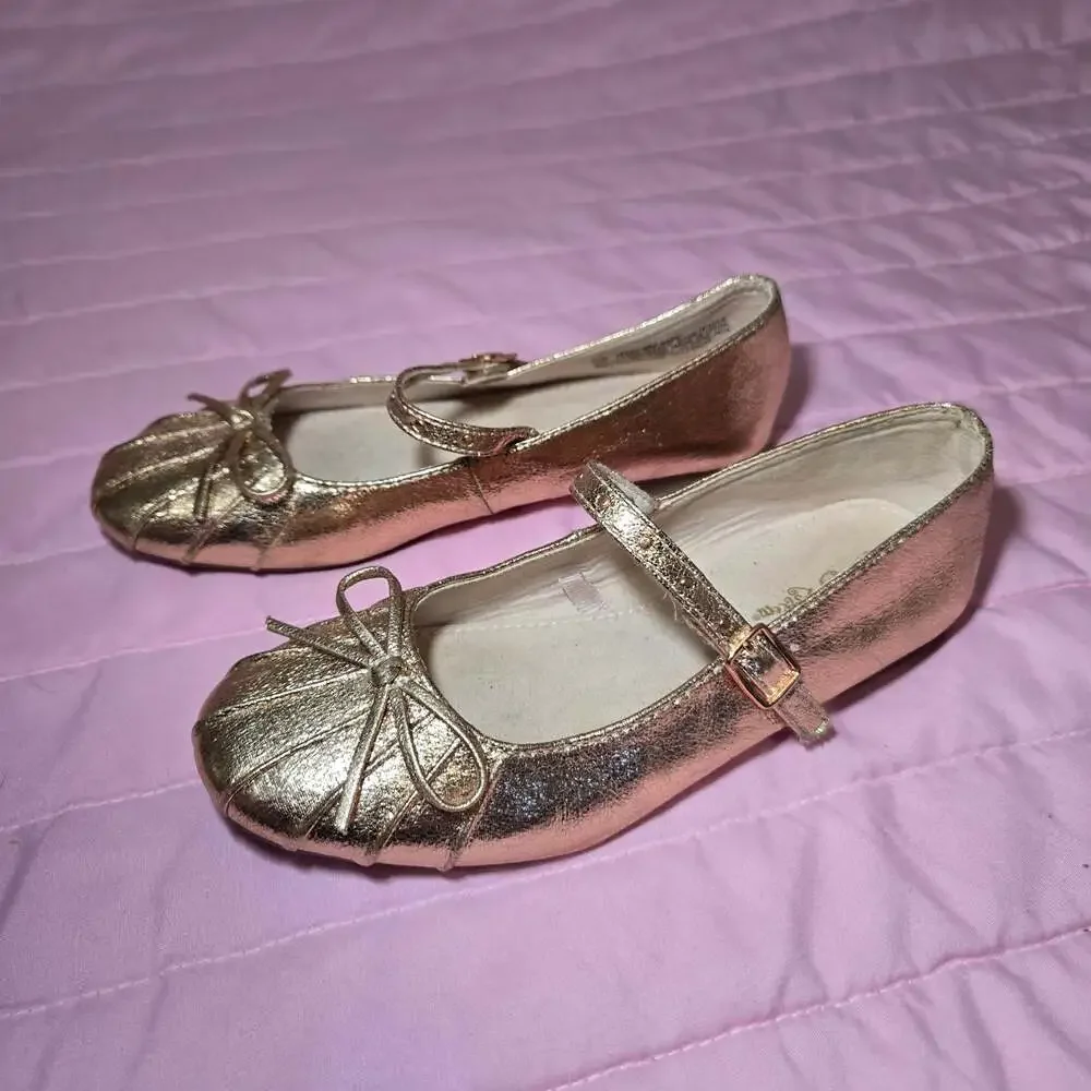 Self Esteem Girls Metallic Rose Gold Bow Mary Jane Ballet Flats Size 3